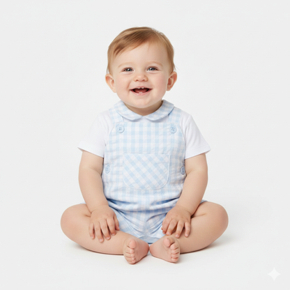 Conjunto de Jardineiras Vichy Azul e Branco e Body