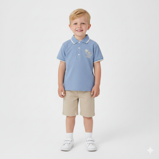 Polo Piqué Azul "Palm Island" – Estilo Tropical e Conforto Casual