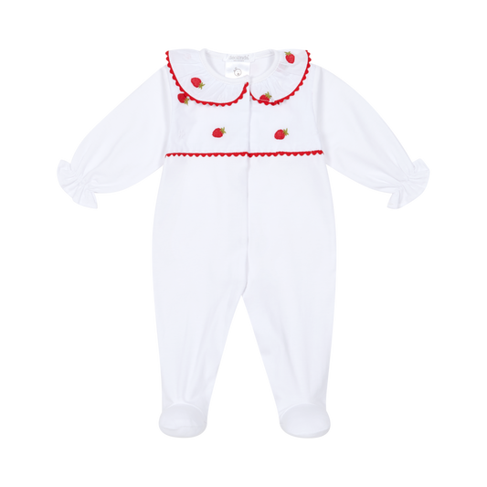Babygrow em Algodão para Bebé e Recém-Nascido - Branco com Morangos
