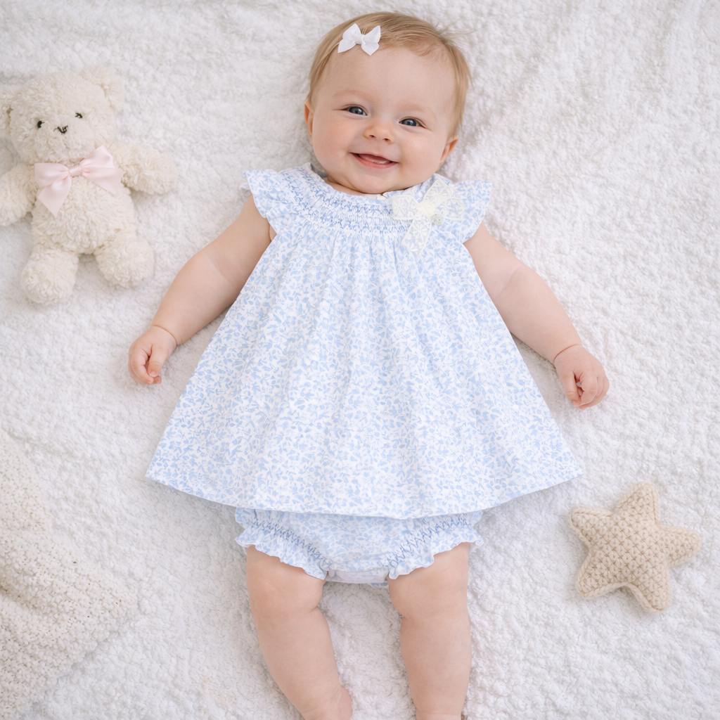 Vestido com Tapa Fraldas em Algodão para Bebé Menina - Azul