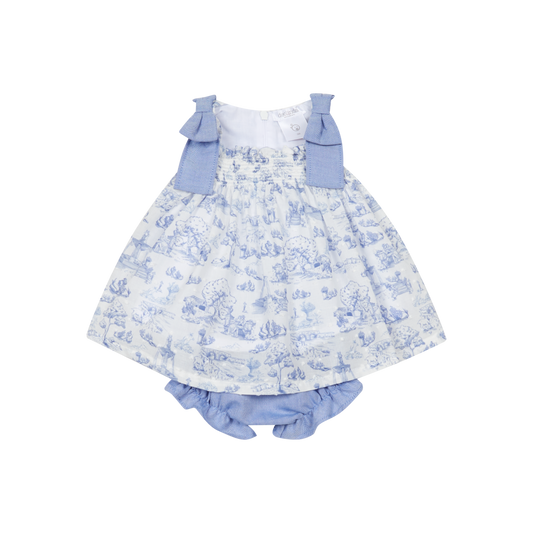Vestido c/ Tapa Fraldas em Algodão Toile de Jouy Bebé Menina