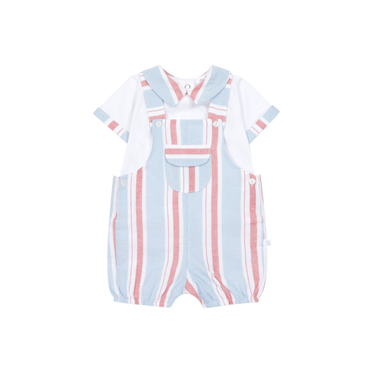 Conjunto Jardineira às Riscas Vermelho e Branco Menino