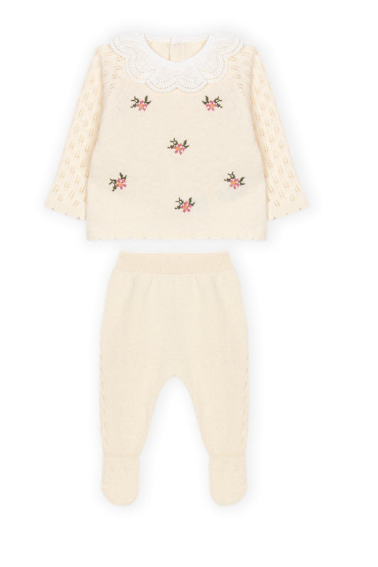 Conjunto de Malha com Flores Bordadas e Gola Rendada para Bebé