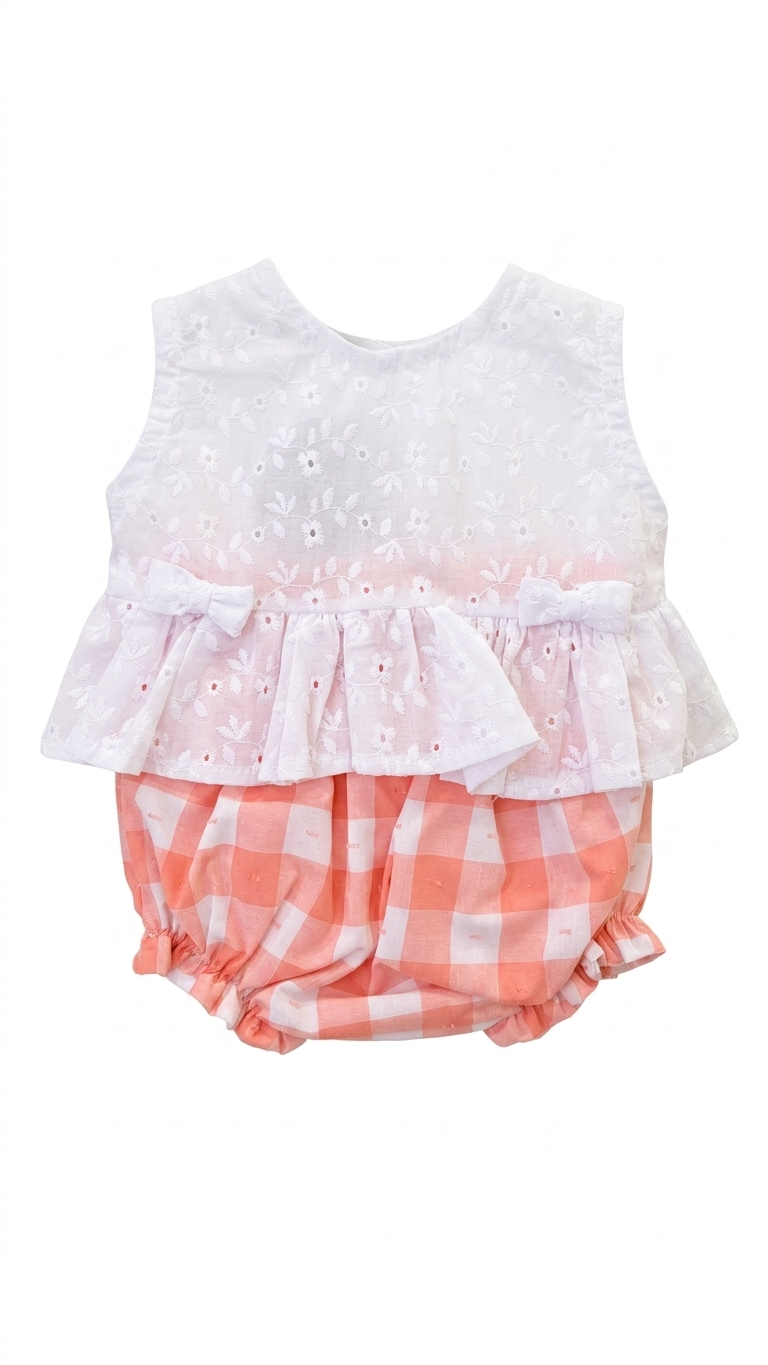 Conjunto 2 pç para Bebé Menina Vichy Rosa Coral- Doce de Côco
