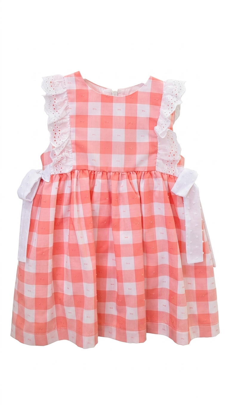 Vestido com Padrão Vichy Salmão- Doce de Côco