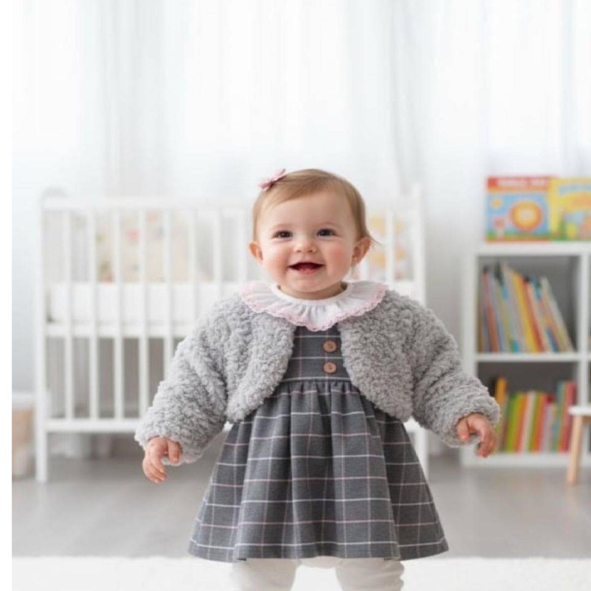 Conjunto Bebé Menina 3 Peças | Vestido Xadrez Cinzento, Casaco Teddy & Collants