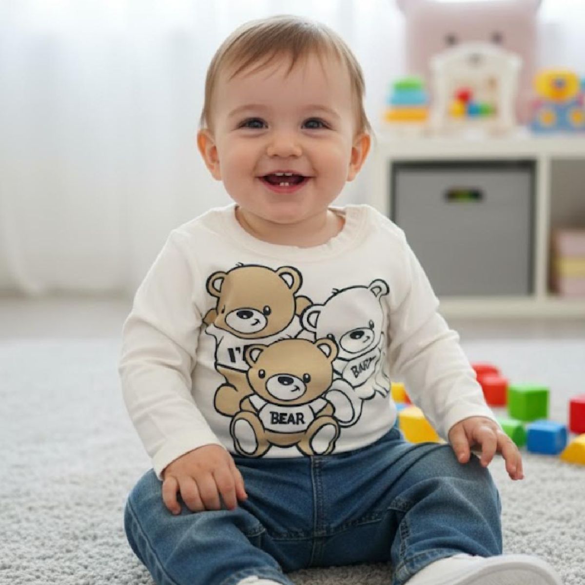 T-shirt manga comprida | Urso | Azul