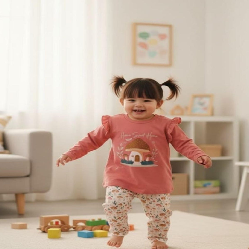 Conjunto Bebé Menina 2 Peças | T-Shirt Cogumelo & Calças Florestais | Tema Lúdico