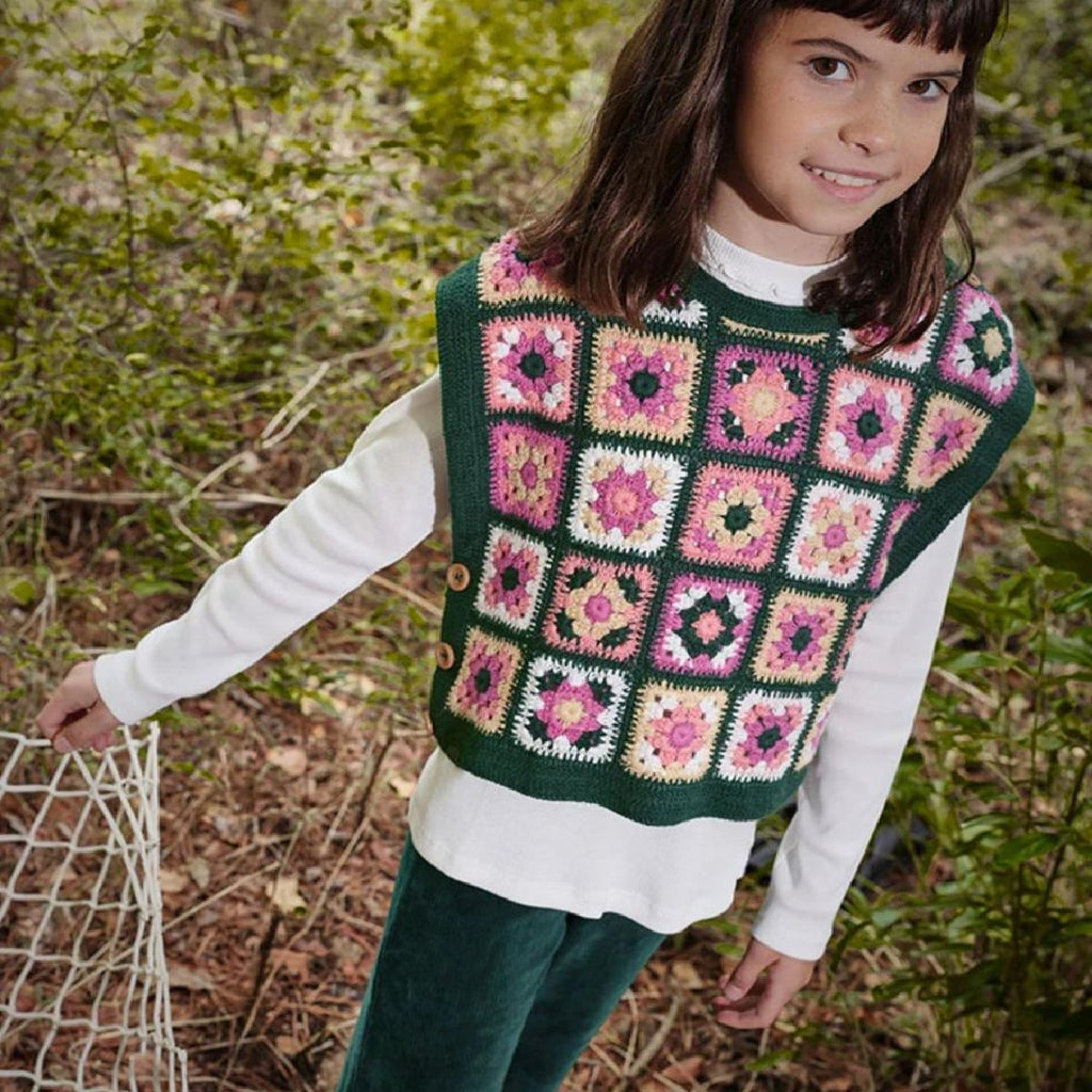 Colete malha menina quadrados tons verde | BOBOLI | Flores