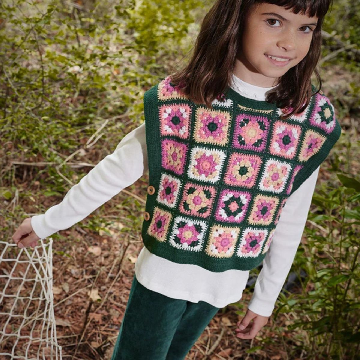 Colete malha menina quadrados tons verde | BOBOLI | Flores