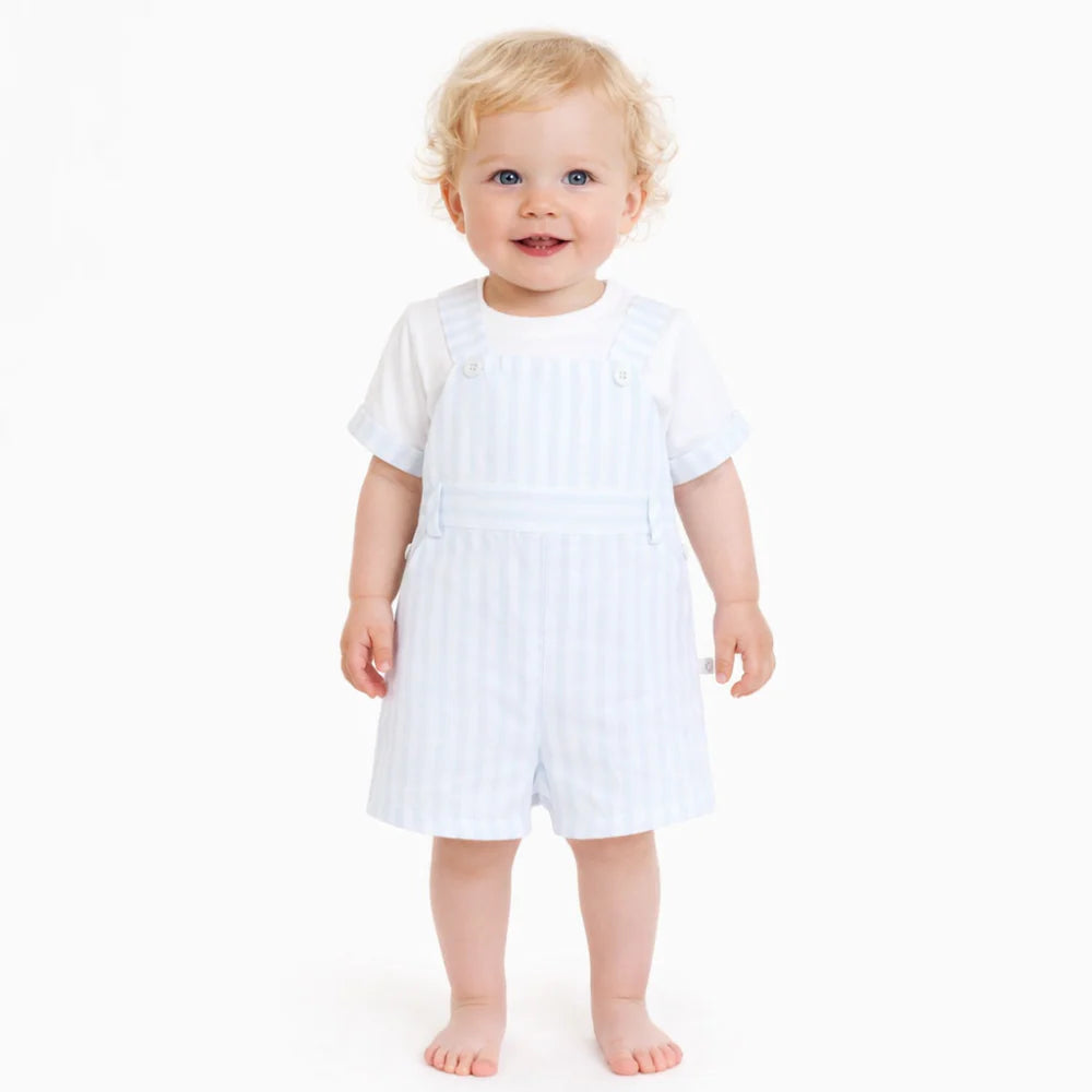 Conjunto de Jardineiras Riscas e T-shirt para Menino- Azul bebé
