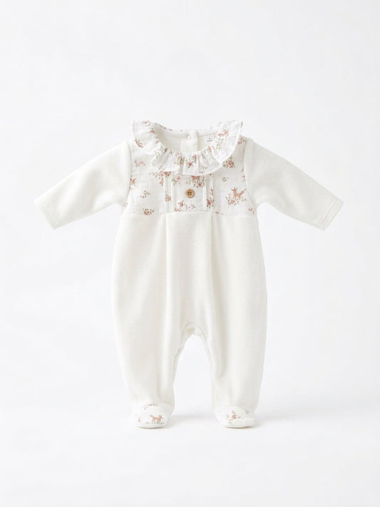 Babygrow de Veludo com Gola de Folho e Padrão Veados