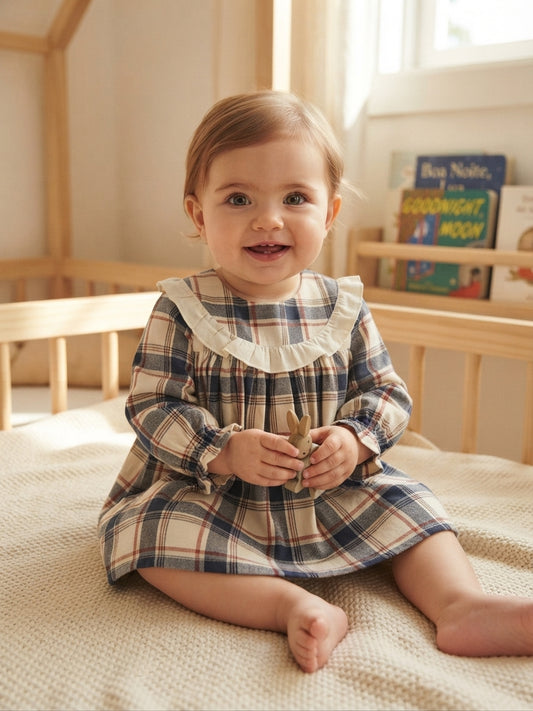 Vestido com Tapa Fraldas Xadrez com Folho na Gola e Punhos Elásticos