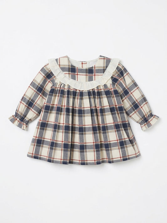 Vestido com Tapa Fraldas Xadrez com Folho na Gola e Punhos Elásticos