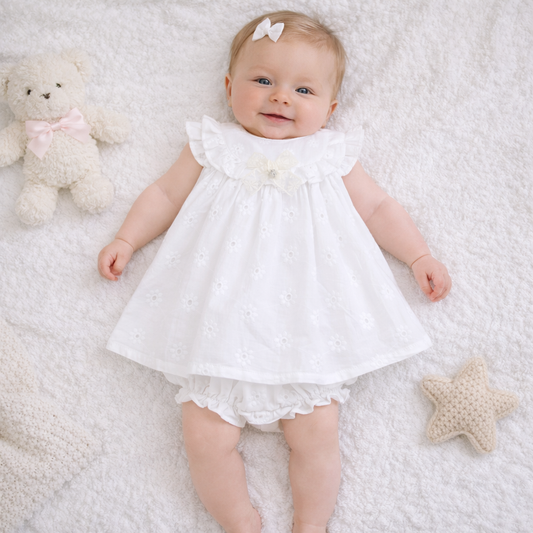 Vestido com Tapa Fraldas em Algodão para Bebé Menina - Branco