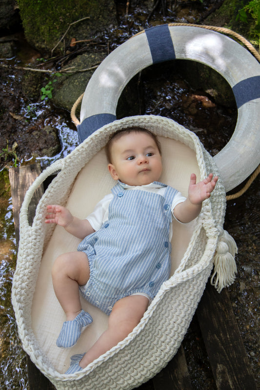 Conjunto Algodão Riscas Bebé Menino 2pc - Branco e Azul